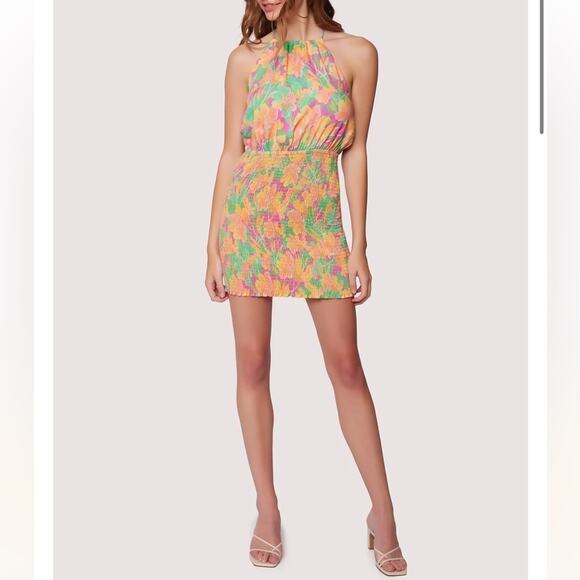 Lost + Wander Eternal Lights Mini Dress Peach Floral Backless Smocking Size L - Picture 1 of 15